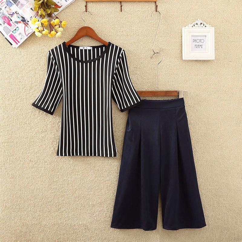 Set áo sọc cổ tròn tay lỡ + quần lửng form rộng thời trang cho nữ