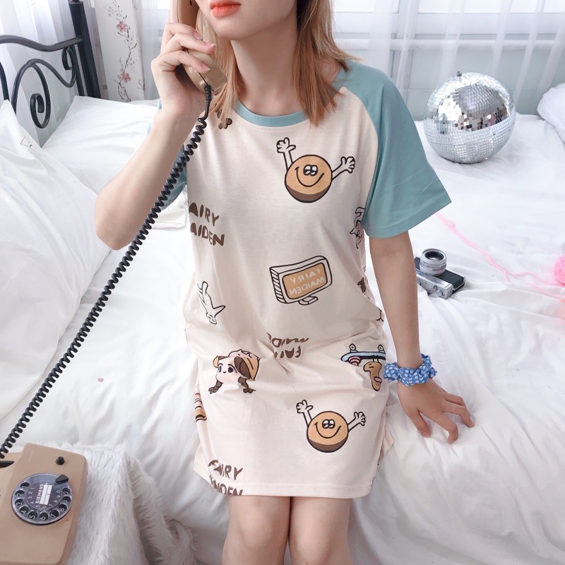 Đầm Mặc Nhà Hoạt Hình Dễ Thương [ FREESHIP ] Đầm Suông Dáng Rộng Chất Thun Cotton