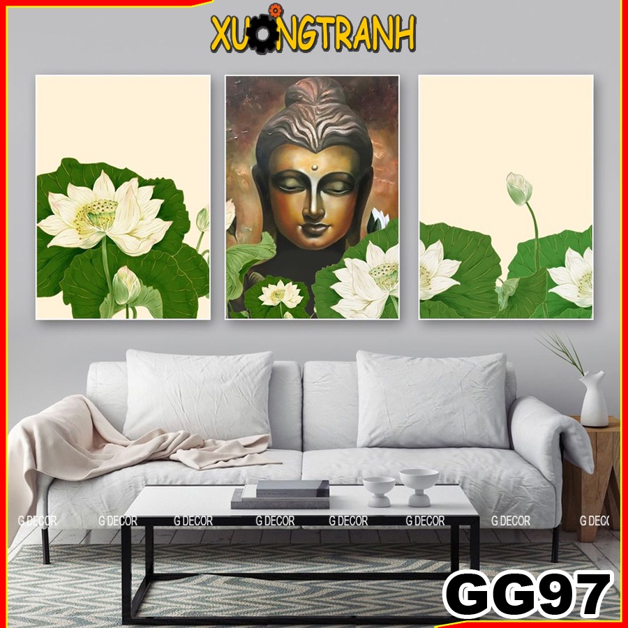 Tranh treo tường canvas 3 bức phong cách Bắc Âu 97, tranh hoa sen trang trí phòng khách, phòng ngủ, phòng ăn, spa, store