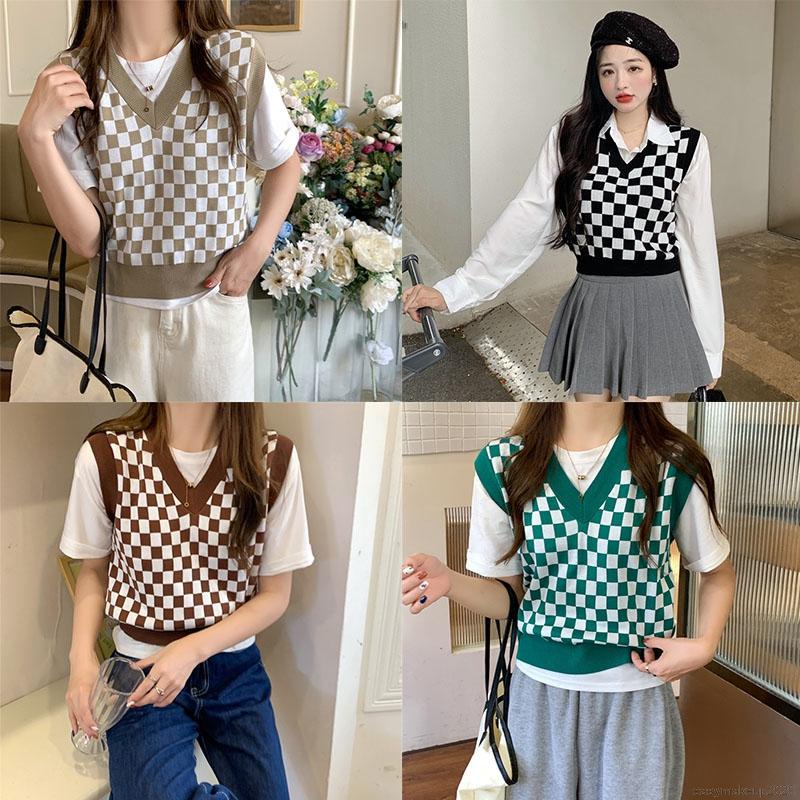 Áo len không tay cổ chữ v dáng rộng hoa văn kẻ ô phong cách hàn quốc dành cho nữ