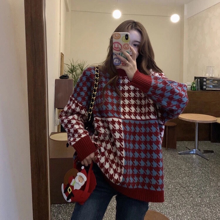 Áo sweater dệt kim dáng rộng họa tiết sọc caro thời trang Hàn Quốc
