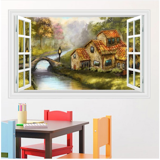 Decal trang trí ngôi nhà Cổ cạnh dòng sông yên bình