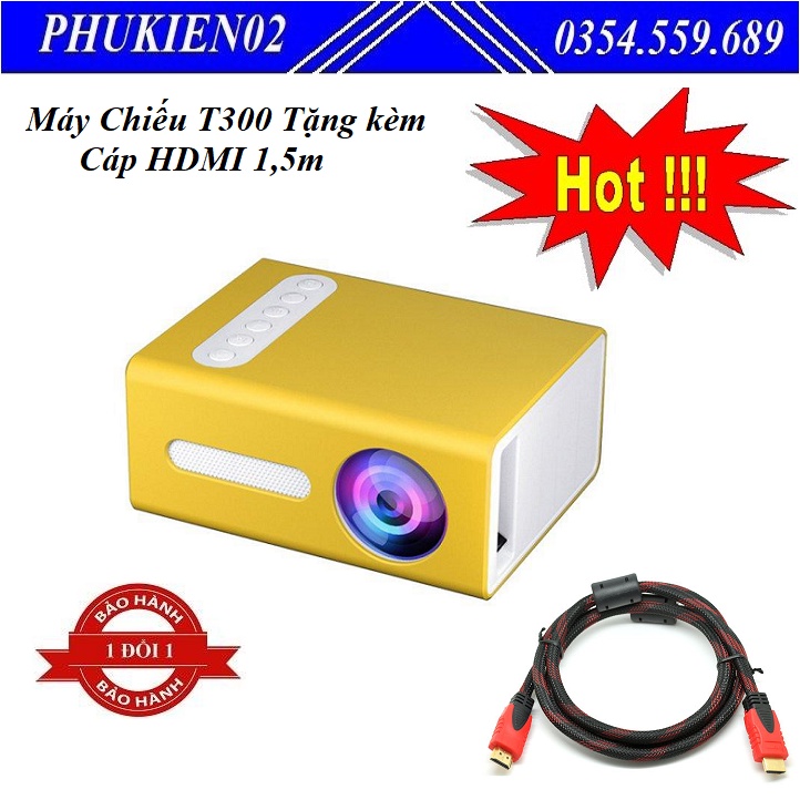 Máy Chiếu Di Động Mini LCD T300 Tặng kèm Dây Cáp HDMI 1,5m bọc lưới cao cấp - Hàng chính hãng