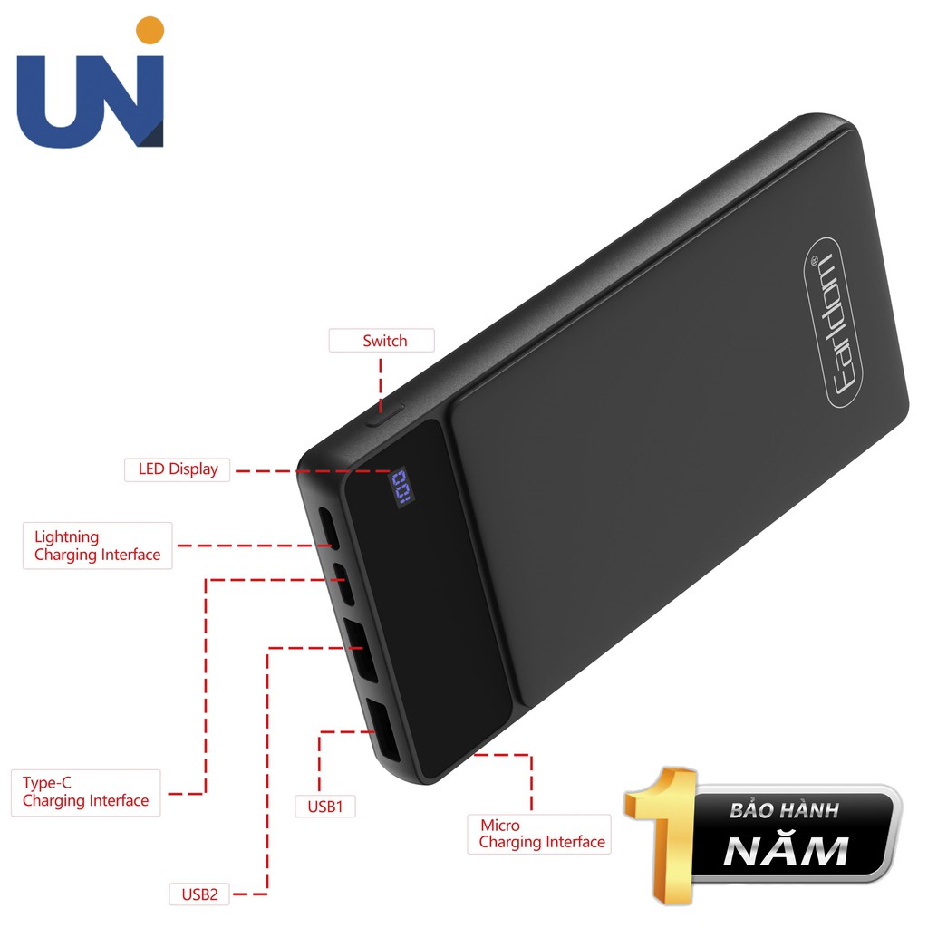 Pin Sạc Dự Phòng Earldom Dung Lượng 10.000mAh AH-40 (2 cổng USB, 1 TypeC, 1 Lightning) nhỏ gọn tiện lợi | BigBuy360 - bigbuy360.vn