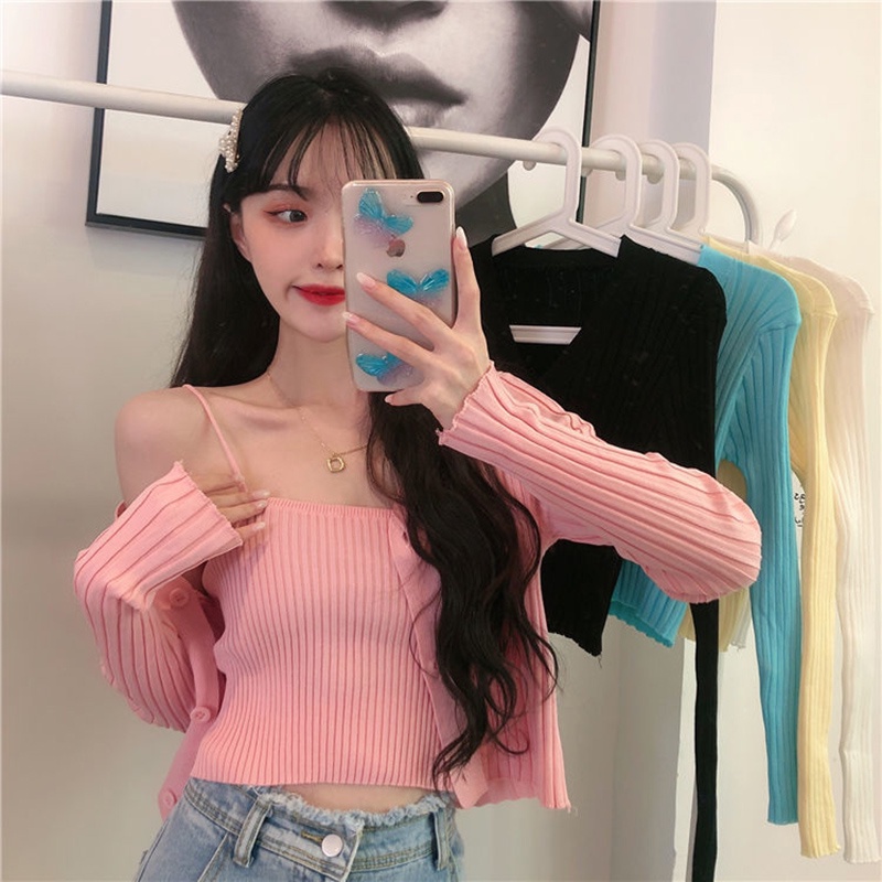 Bộ áo cardigan IELGY bằng vải dệt kim mỏng màu trơn thiết kế đơn giản phong cách cá tính thời trang cho nữ