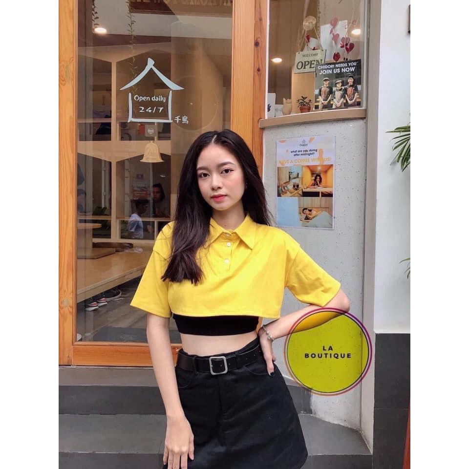 Set áo polo croptop trơn mix cùng áo ống trơn xinh