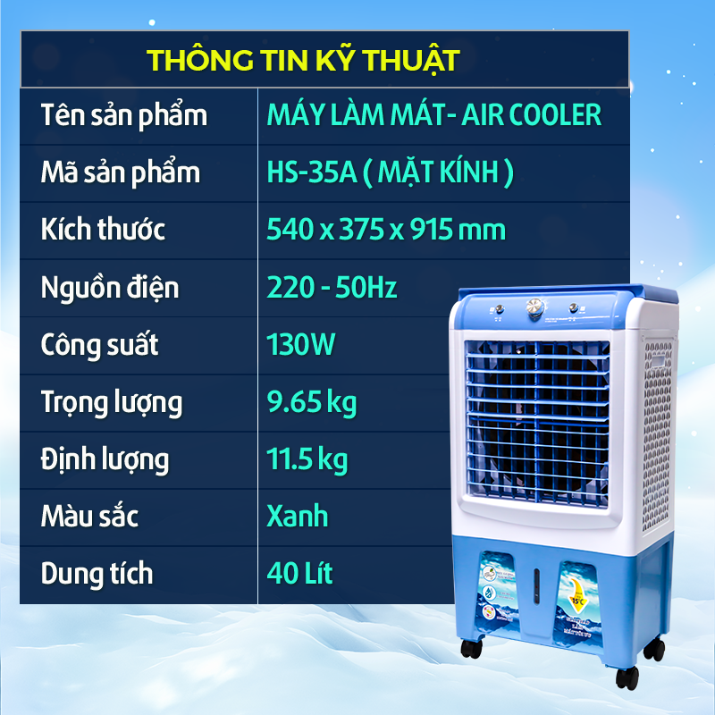 Quạt điều hoà hơi nước 40L HS35 Công suất 130W
Khối gió 6000m3 mặt kính siêu mát bảo hành 2 năm toàn quốc | BigBuy360 - bigbuy360.vn