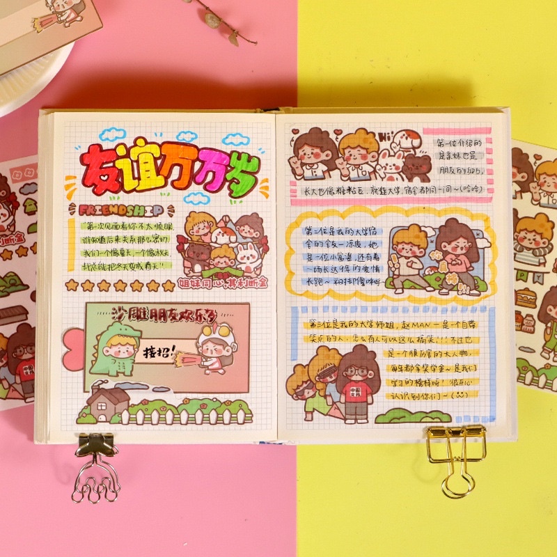 Set 4 Tấm Sticker Dạng Washi Tự Cắt Hình Cô Gái Và Gấu Dễ Thương Trang Trí Bullet Journal