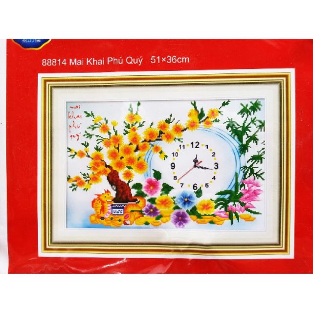 Tranh thêu chữ thập Đồng Hồ_ Mai Khai Phú Quý 88814_51*36cm