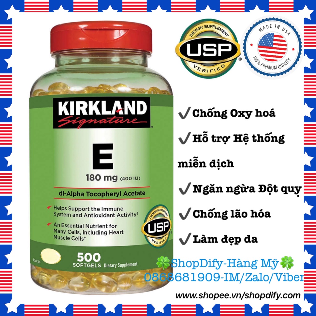 Vitamin E 400 IU 180mg 500 viên Kirkland Signature Mỹ, Viên uống đẹp da, chống lão hóa, giảm nhồi máu cơ tim đột quỵ