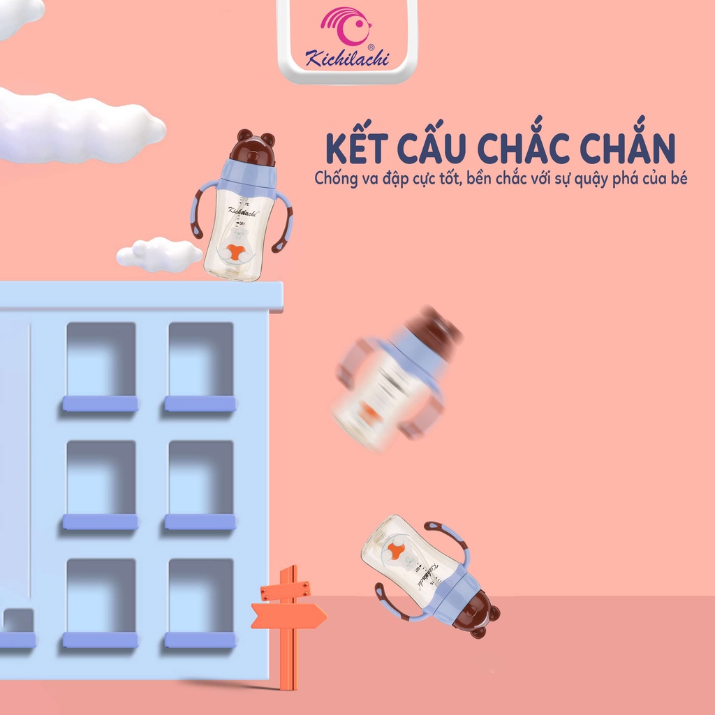 Bình tập uống nước hình gấu cho bé Kichilachi Tritan 240ml có vòi hút và núm ty cho bé từ 6 tháng trở lên gtt store