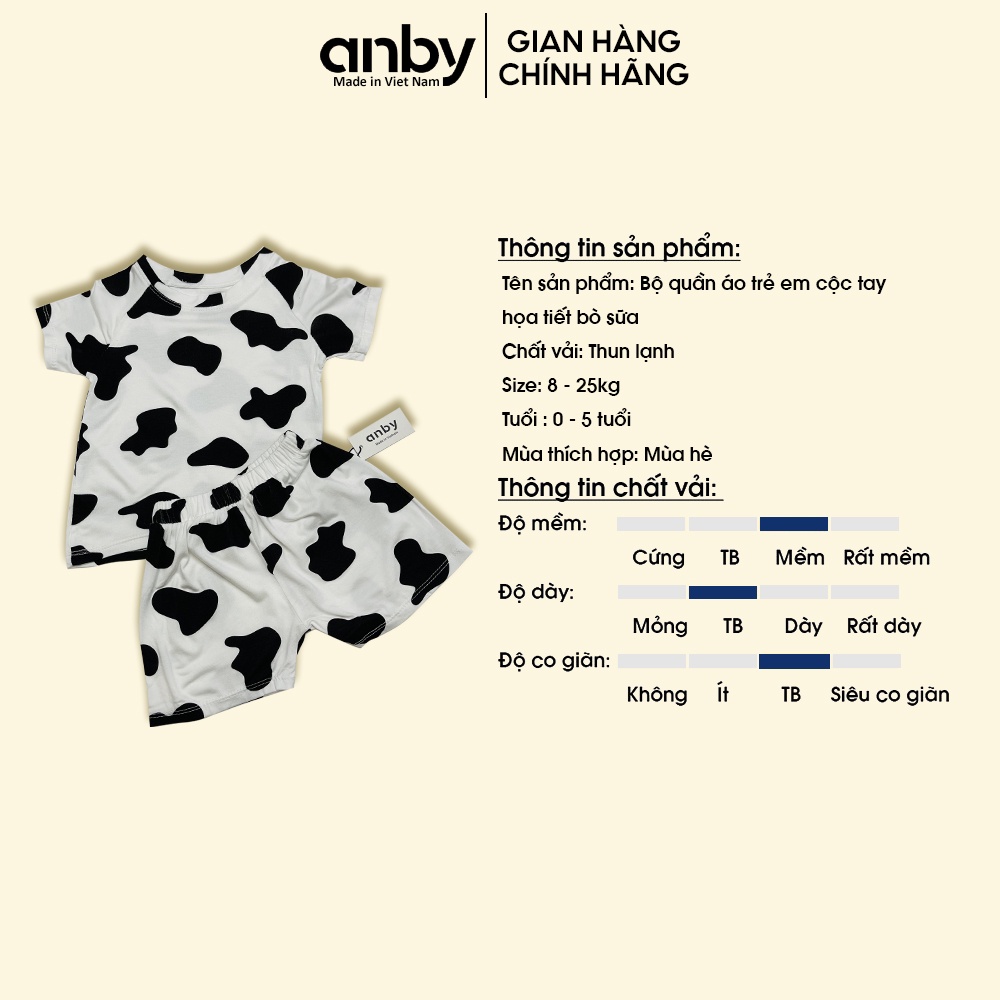 Bộ quần áo cộc tay trẻ em họa tiết bò sữa ANBY cho bé trai và gái từ 0-5 tuổi