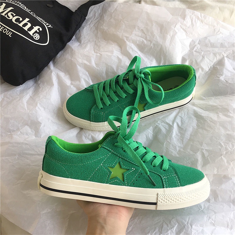 Giày Thể Thao Canvas Màu Xanh Lá Họa Tiết Ngôi Sao Phong Cách Retro Dễ Phối Đồ
