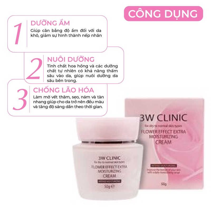 Kem dưỡng ẩm dưỡng trắng da chiết xuất từ Hoa Hồng 3W Clinic Hàn Quốc 50ml