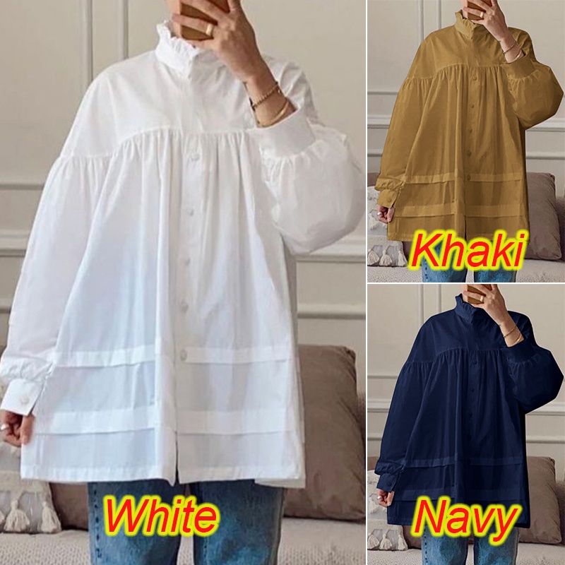 Áo sơ mi kiểu ZANZEA tay dài phồng cổ đứng dáng rộng màu đơn sắc thời trang thanh lịch cho nữ