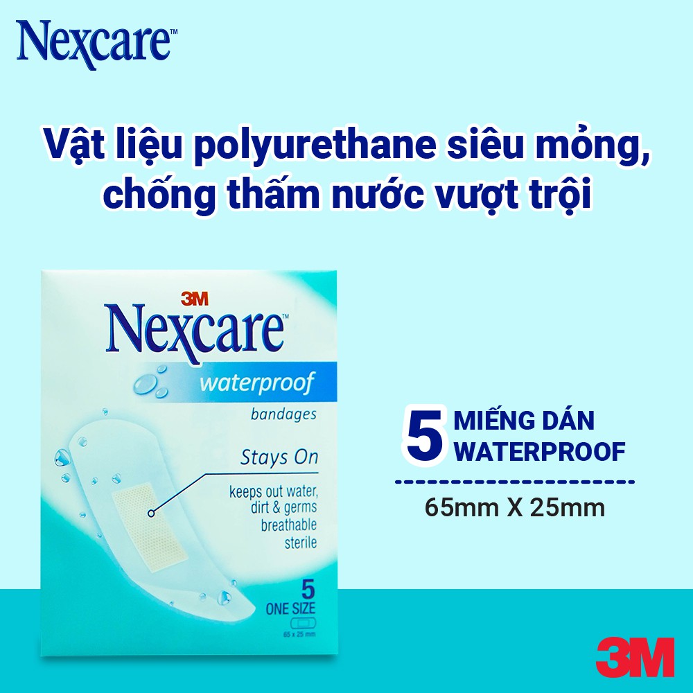 Băng Keo Cá Nhân Nexcare Waterproof Bandages Stays On Chống Thấm Nước 5 Miếng