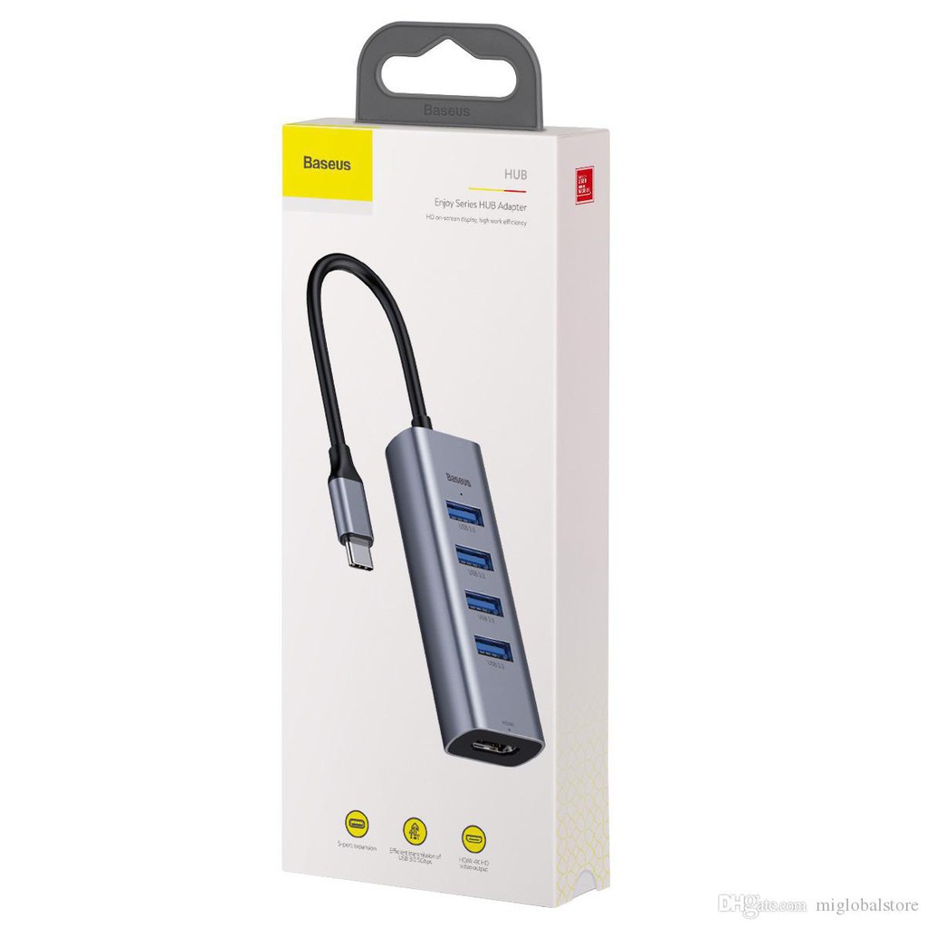 Hub chia cổng 5 in 1 Type-C ra 4 cổng USB 3.0 và HDMI chuẩn 4K hiệu Baseus Gen2 cho Macbook Pro/Smartphone - Chính hãng