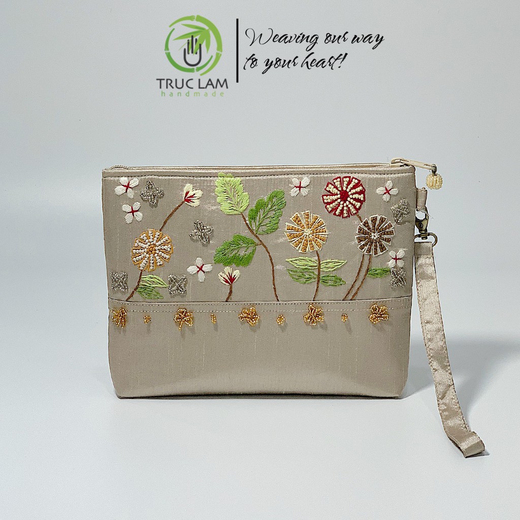 Ví Cầm Tay Đựng Ipad Clutch Vải Tafta Thêu Cành Hoa Hạt Cườm Thủ Công Cỡ Bé - Trúc Lâm Handmade