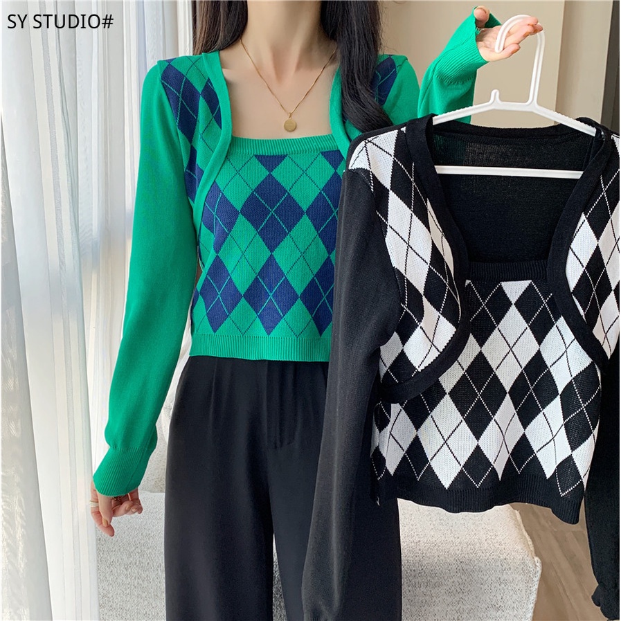 SUXI Áo croptop dệt kim tay dài phong cách Hàn Quốc