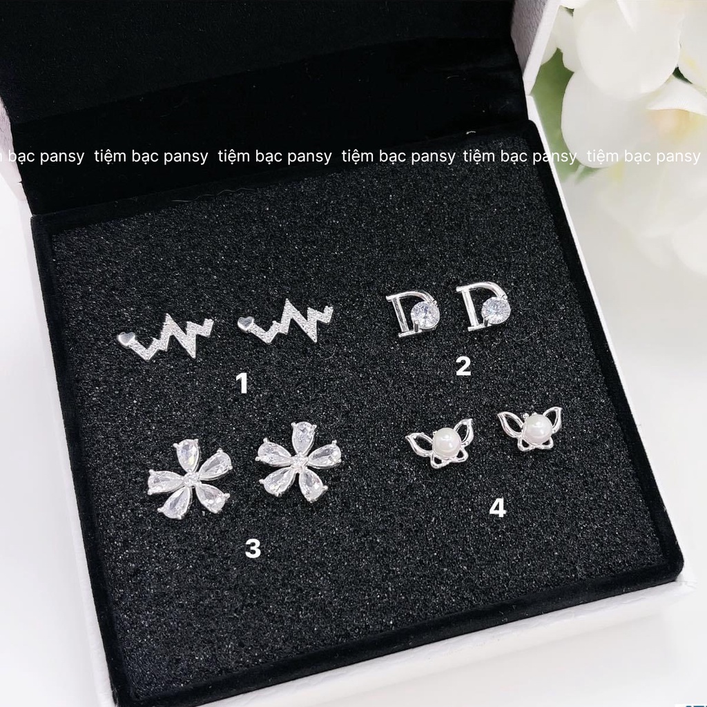 Set 4 đôi khuyên tai bạc nữ PANSY thời trang - Bộ 4 kiểu bông tai cá tính bằng bạc ta thật