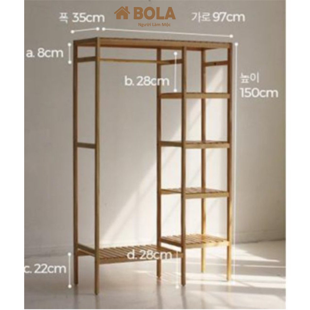 [Mã giảm 8% tối đa 1 Triệu đơn 500k] TỦ QUẦN ÁO GỖ THÔNG TỰ NHIÊN BOLA 103x150 cm. TỦ TREO QUẦN ÁO ĐÔI 5 TẦNG