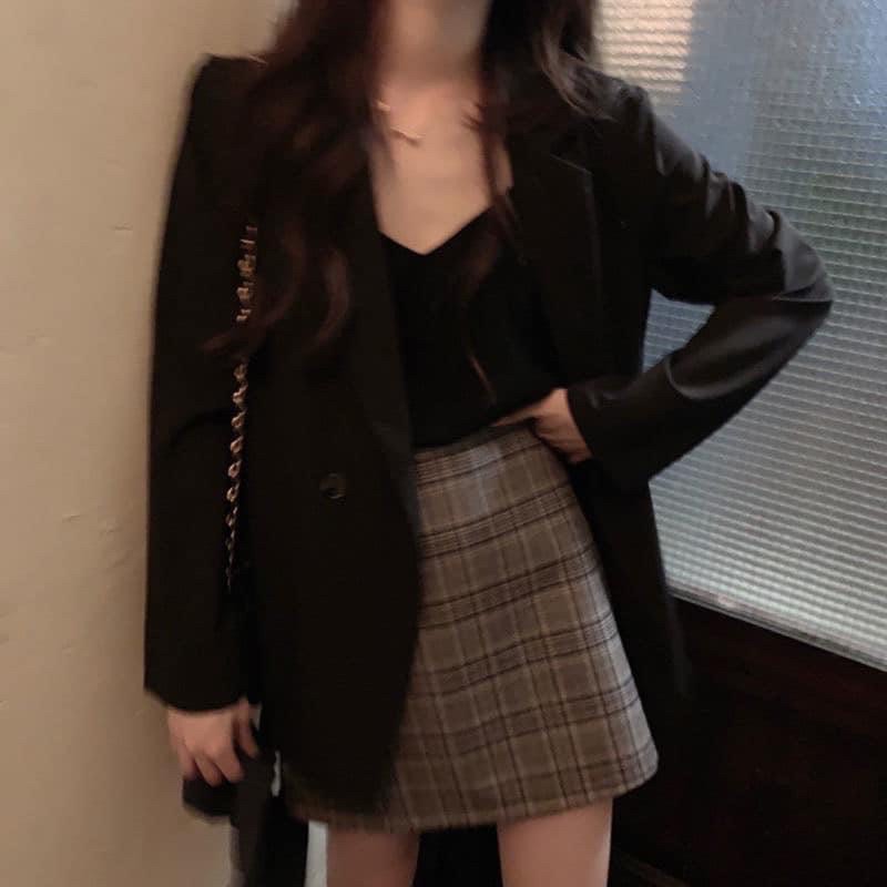 Set Blazer nữ kèm chân váy màu đen nâu phom rộng phong cách Ulzzang Hàn Quốc đi làm đi chơi đi học đi du lịch đủ size | BigBuy360 - bigbuy360.vn