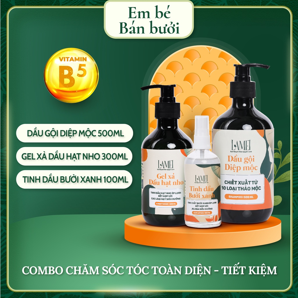 Combo [Tiết Kiệm] Dầu Gội 500 ml, Gel Xả 300 ml Và Tinh Dầu Bưởi Xanh Lamei 100 ml Chăm Sóc Tóc Toàn Diện