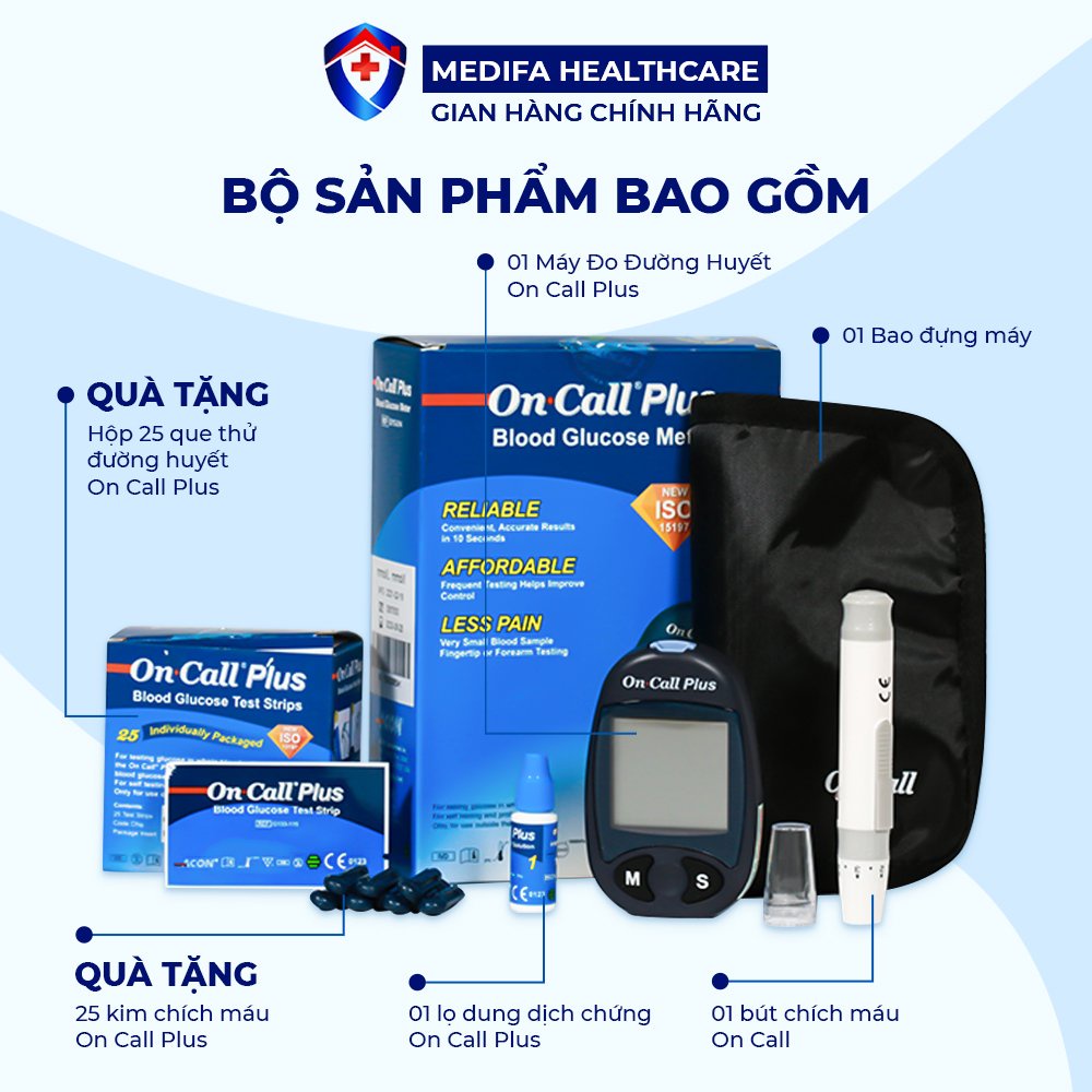 Bộ Máy Đo Đường Huyết On Call Plus Acon Biotech Mỹ Tặng Kèm 25 Que Thử & 25 Kim Lấy Máu