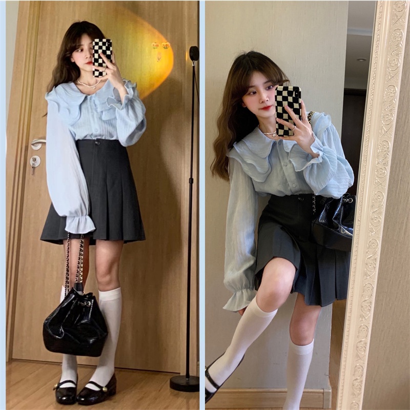 Áo sơ mi XIAOZHAINV dài tay dáng rộng màu xanh dương phong cách Pháp thời trang cho nữ