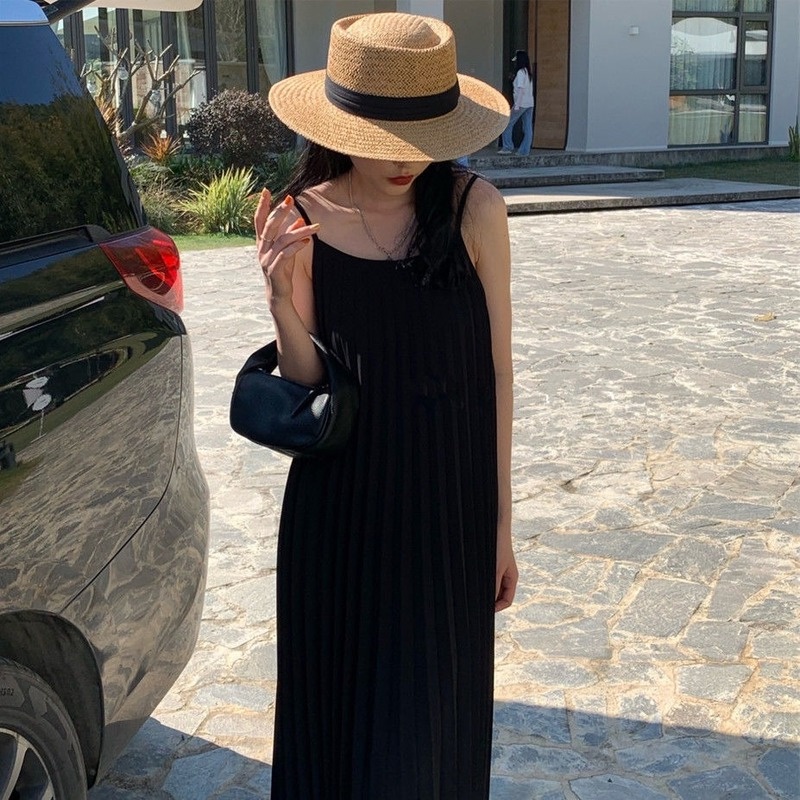 Đầm Hai Dây Xếp Ly Màu Trơn Dáng Rộng Phong Cách Hàn Quốc Hàng Mới Dành Cho Bạn Nữ