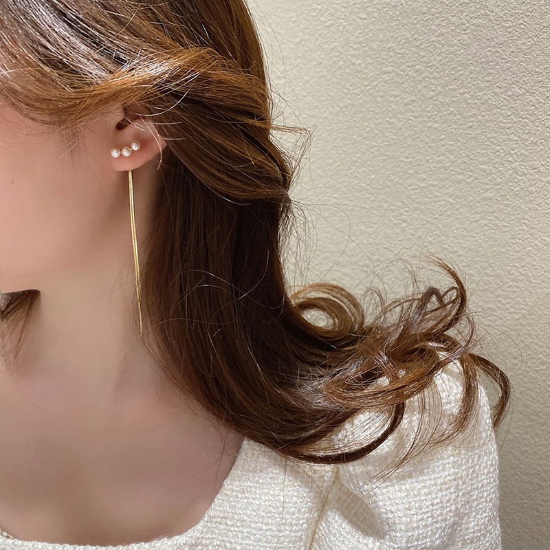 Bông Tai Mạ Bạc 925 Đính Hạt Ngọc Trai Phối Tua Rua Phong Cách Hàn Quốc Thời Trang