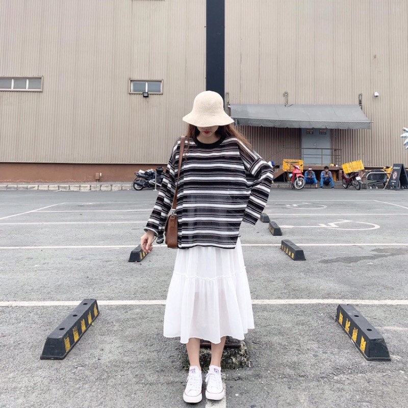 Áo thun sọc trắng đen Oversize Ulzzang tay dài (ảnh thật)