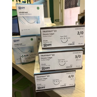 ❤[HỘP 24 SỢI] Chỉ khâu phẫu thuật CPT TRUSTIGUT Chromic Catgut 4/0 chỉ khâu y tế tự tiêu CHỈ CPT CHROMIC CATGUT SỐ 4/0