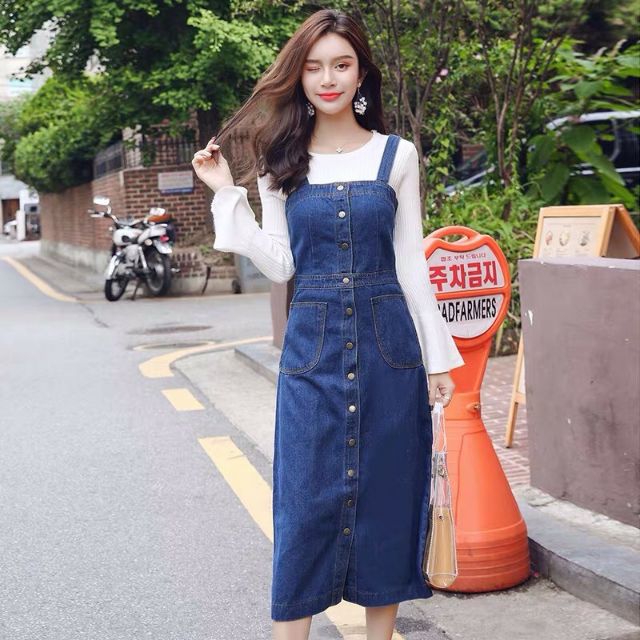 Đầm jean suông yếm form dài 2 túi, váy bò xuông cài nút - DTH | BigBuy360 - bigbuy360.vn