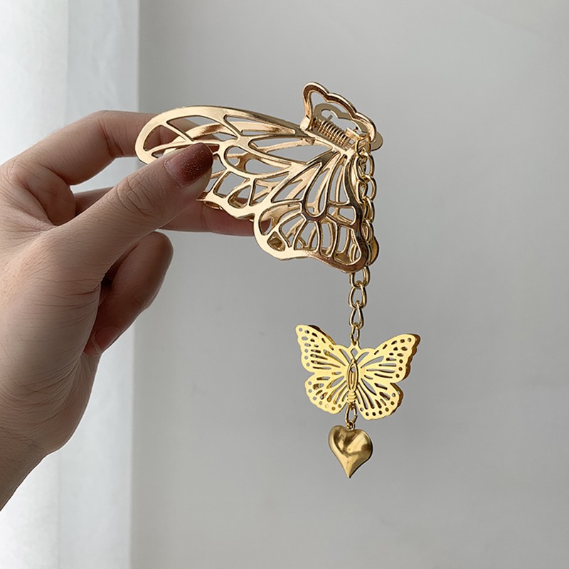 ◘❅Kẹp tóc có mặt trang trí hình bướm và trái tim bằng kim loại màu vàng đồng kích thước lớn phong cách Hàn Q