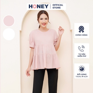 Áo bầu công sở kiểu dáng babydoll chất thô thêu họa tiết chim. cổ tròn - Thời trang đầm bầu cao cấp HONEY