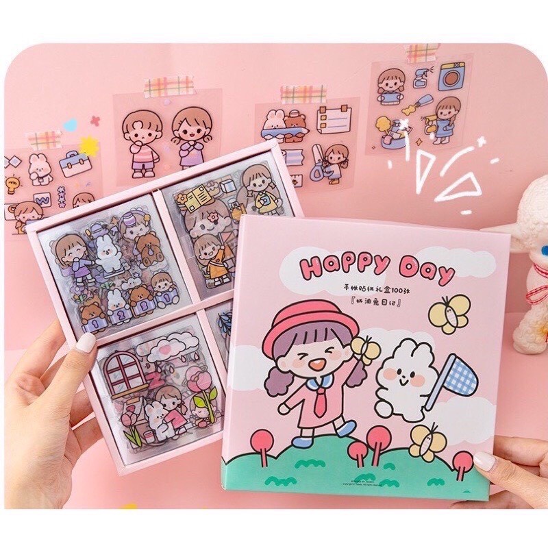 Set 100 Miếng Dán Sticker Telado Siêu Dễ Thương - Sticker dán điện thoại, sách vở, hộp bút (Happy day)