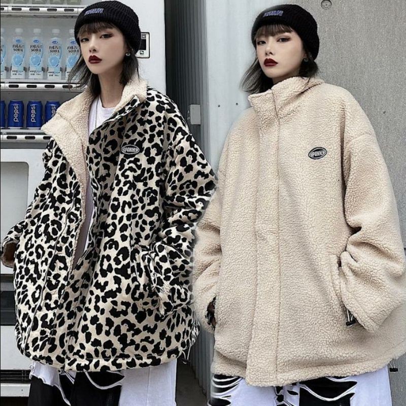 Áo khoác lông cừu unisex 2 in 1 mặc 2 mặt họa tiết báo đốm thời trang cao cấp