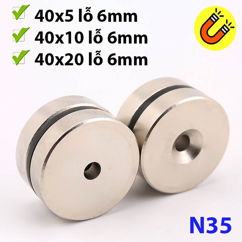Nam châm tròn 40x5/10/20mm có lỗ 6mm loại đất hiếm từ tính siêu mạnh N35