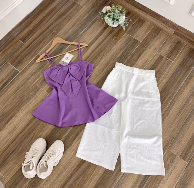 Set áo 2s nơ mix quần suông trắng