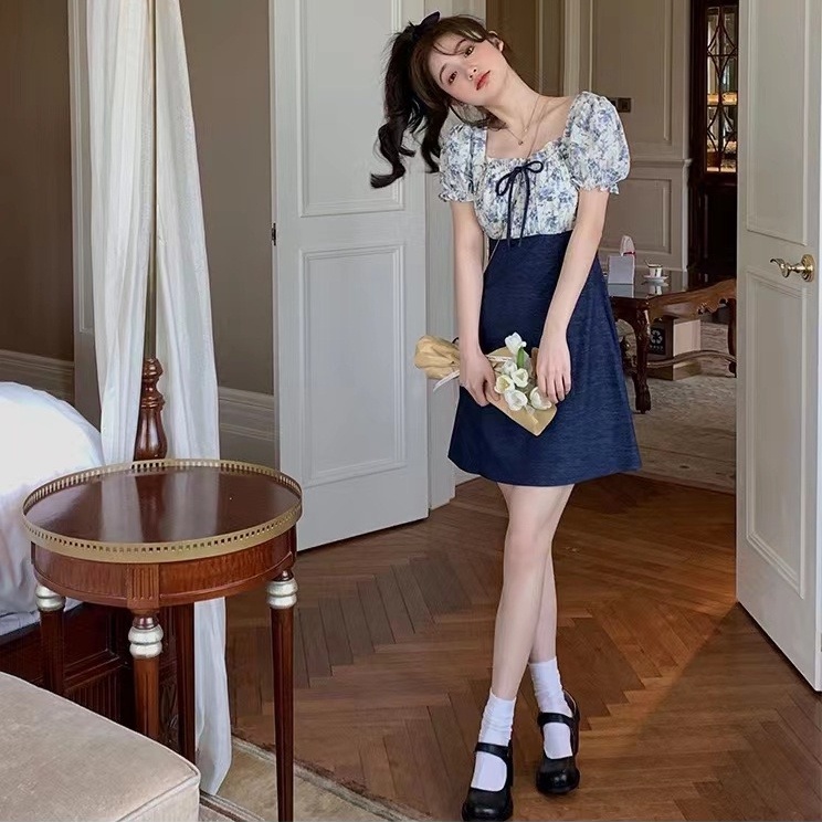 Đầm PERTY họa tiết hoa phối màu phong cách Hàn Quốc thời trang mùa hè mới xinh xắn cho nữ