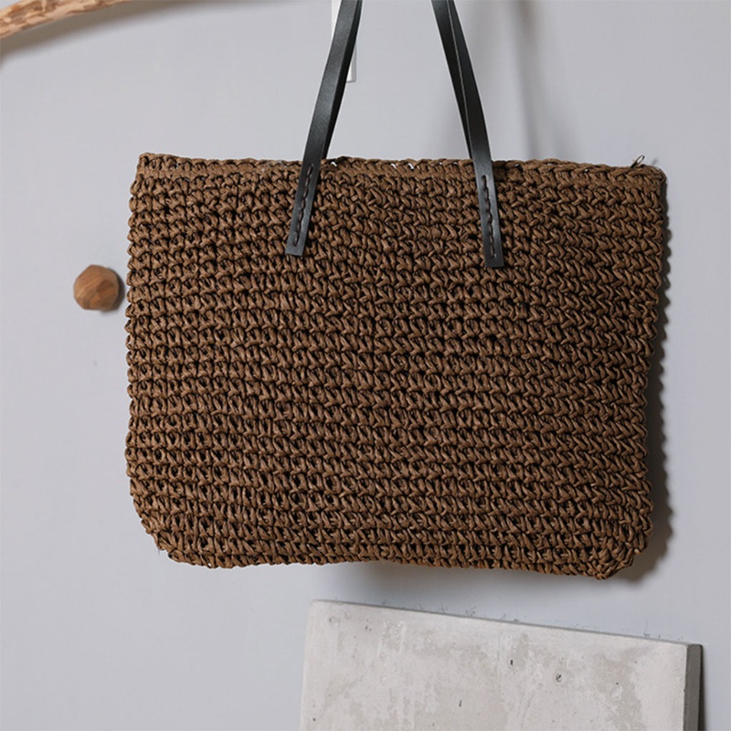 Túi Xách Sức Chứa Lớn Bằng Rơm Bện Với Tay Cầm Giả Da Khóa Kéo Phong Cách Bohemian Vintage Cho Nữ
