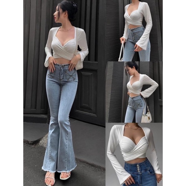 Áo croptop tay dài viền