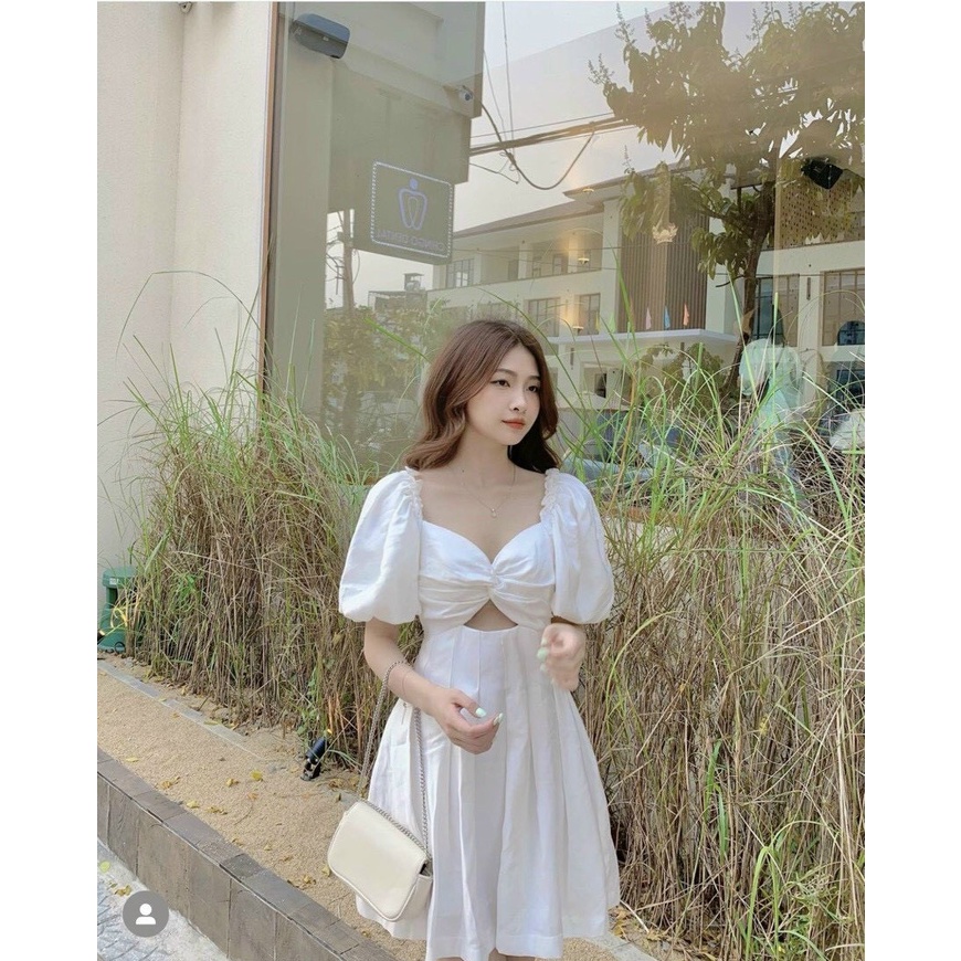 đầm lụa xếp ly kiểu cổ vuông khoét ngực tay ngắn bồng
