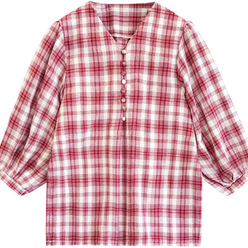 Áo nữ tay lửng cổ chữ V họa tiết caro thời trang quyến rũ