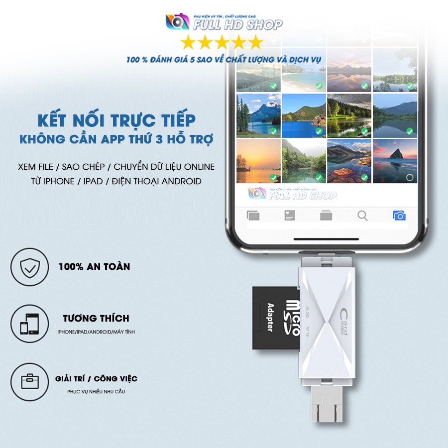 Đầu Đọc Thẻ Nhớ iPhone, Android, Máy tính - Hỗ trợ thẻ SD/Micro SD - Cổng USB / Lightning / Micro USB - Full HD Shop