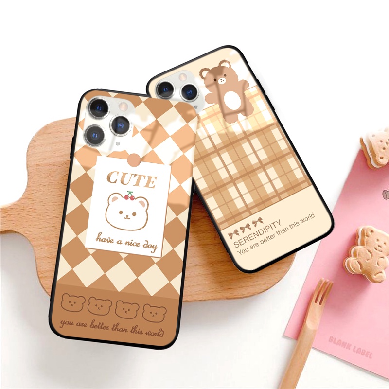 Ốp lưng kính Gấu Thỏ Caro dễ thương ốp lưng iphone đủ mã từ 6s 6plus 7 plus 8 x xsmax 11 12 13 pro promax