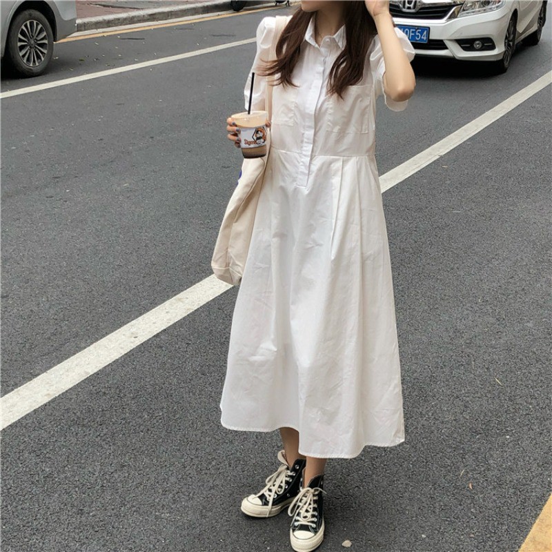 Đầm Midi Trắng Dáng dài Form chữ A Ngắn tay Form rộng Cổ sơ mi Ulzzang Hàn Quốc Váy Midi dài Tay bồng Thời trang