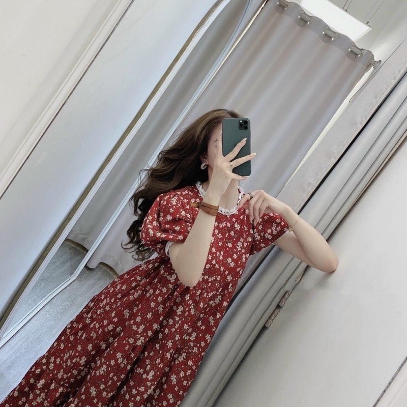 Váy bầu, đầm bầu hoa nhí TK đẹp cổ ren, dáng suông xinh xắn V58
