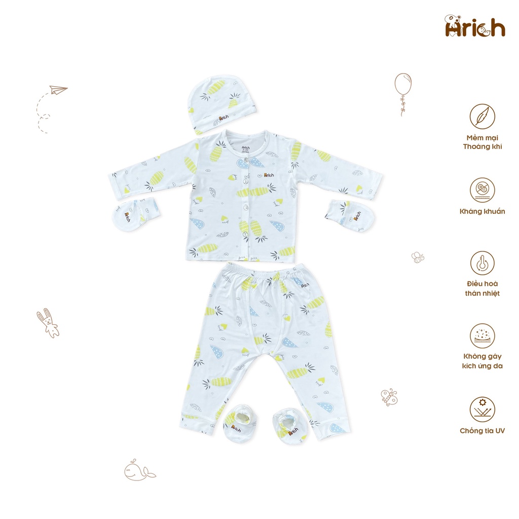 Bộ sơ sinh Arich cho bé gồm: áo quần - 1 đôi bao tay - 1 đôi bao chân - 1 nón